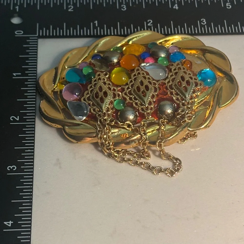 Vintage Belt Buckle Womens Multi-Color Cabochon Filigree Chain Ornate